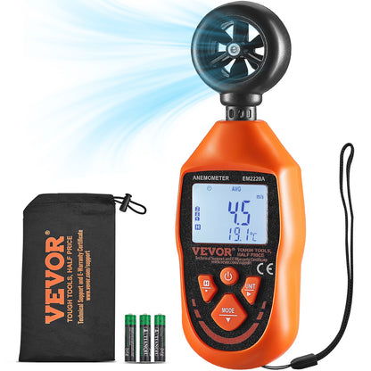 VEVOR Handheld Anemometer, -10℃ to 45℃, Digital Wind Speed Meter Gauge with LED