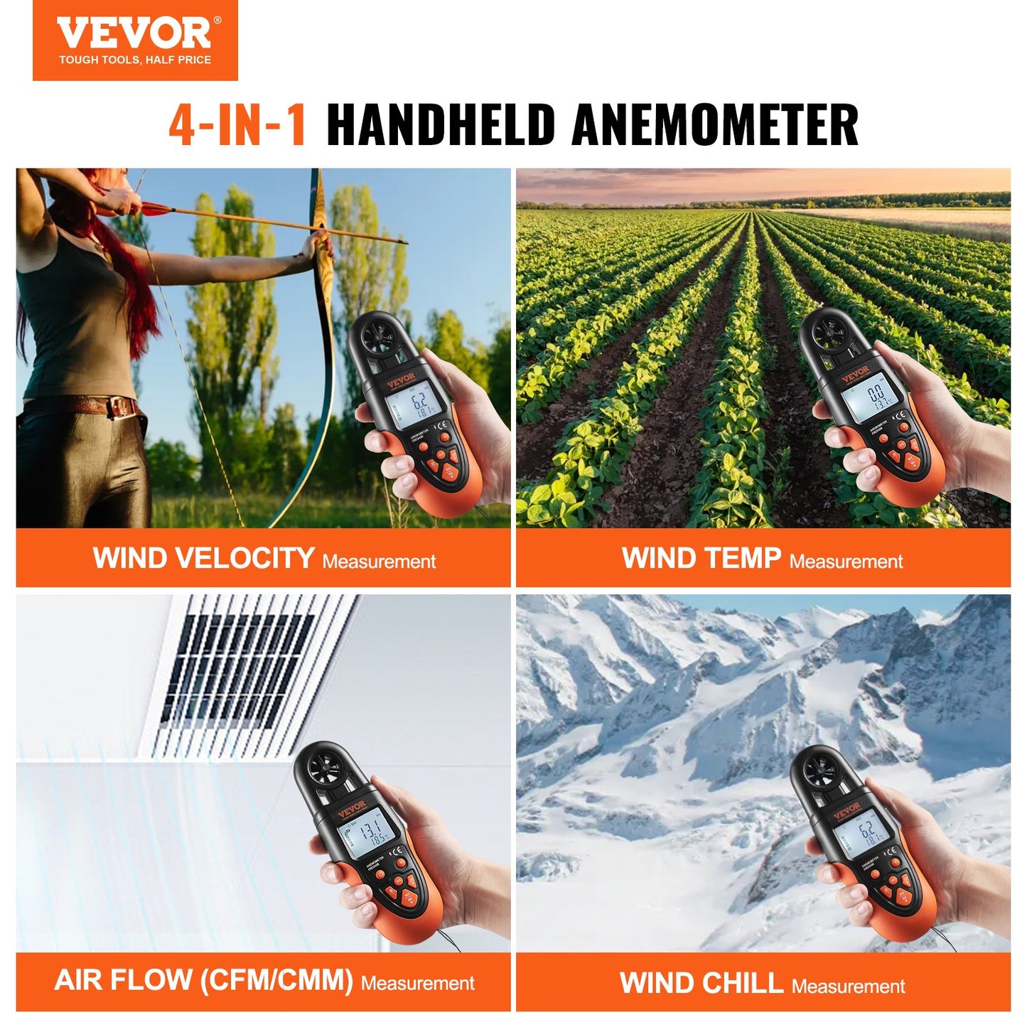 VEVOR Bluetooth Handheld Anemometer, -10℃ to 60℃, Digital Wind Speed Meter Gauge