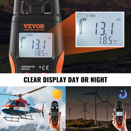 VEVOR Bluetooth Handheld Anemometer, -10℃ to 60℃, Digital Wind Speed Meter Gauge