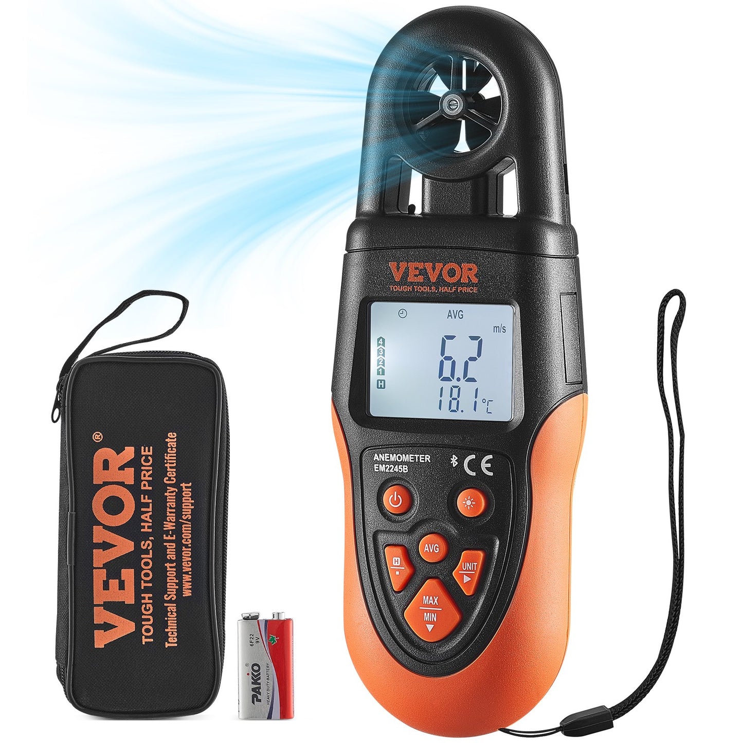VEVOR Bluetooth Handheld Anemometer, -10℃ to 60℃, Digital Wind Speed Meter Gauge