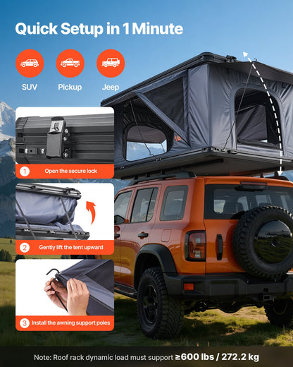 Rooftop Tent Hard Shell, 2-3 Person Aluminum Roof Top Tent Hardshell with Tri-Color LED Light, Thick Mattress & 2 Windows, Waterproof Windproof Overland Camping Car Roof Rack for Jeep SUV Pickup