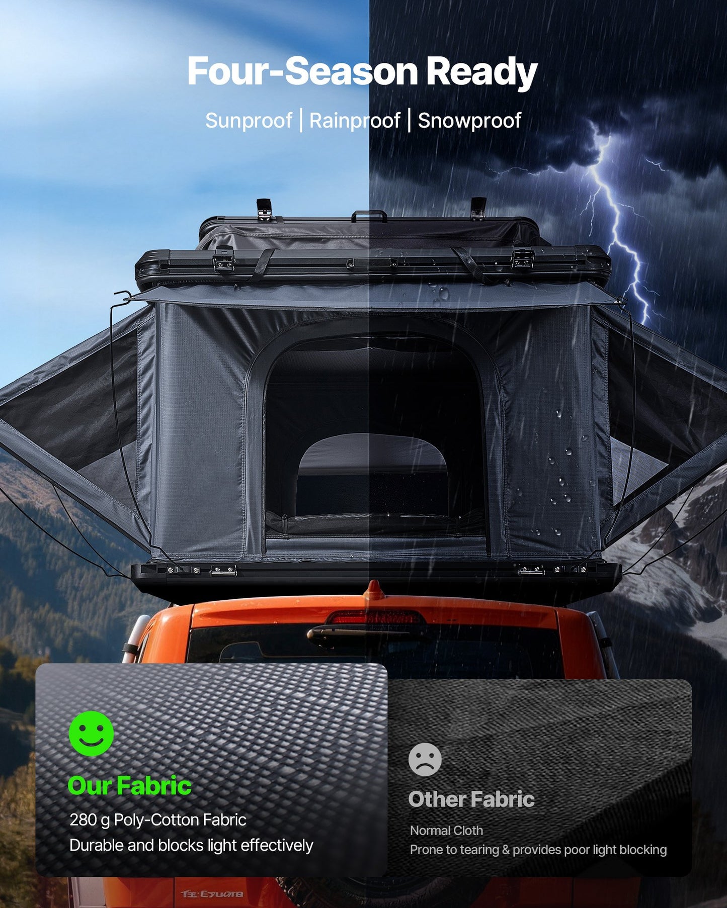 Rooftop Tent Hard Shell, 2-3 Person Aluminum Roof Top Tent Hardshell with Tri-Color LED Light, Thick Mattress & 2 Windows, Waterproof Windproof Overland Camping Car Roof Rack for Jeep SUV Pickup