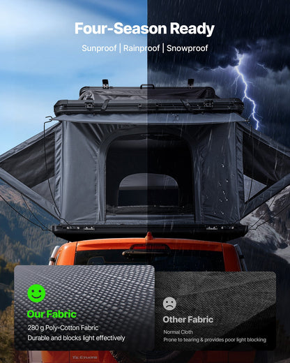 Rooftop Tent Hard Shell, 2-3 Person Aluminum Roof Top Tent Hardshell with Tri-Color LED Light, Thick Mattress & 2 Windows, Waterproof Windproof Overland Camping Car Roof Rack for Jeep SUV Pickup