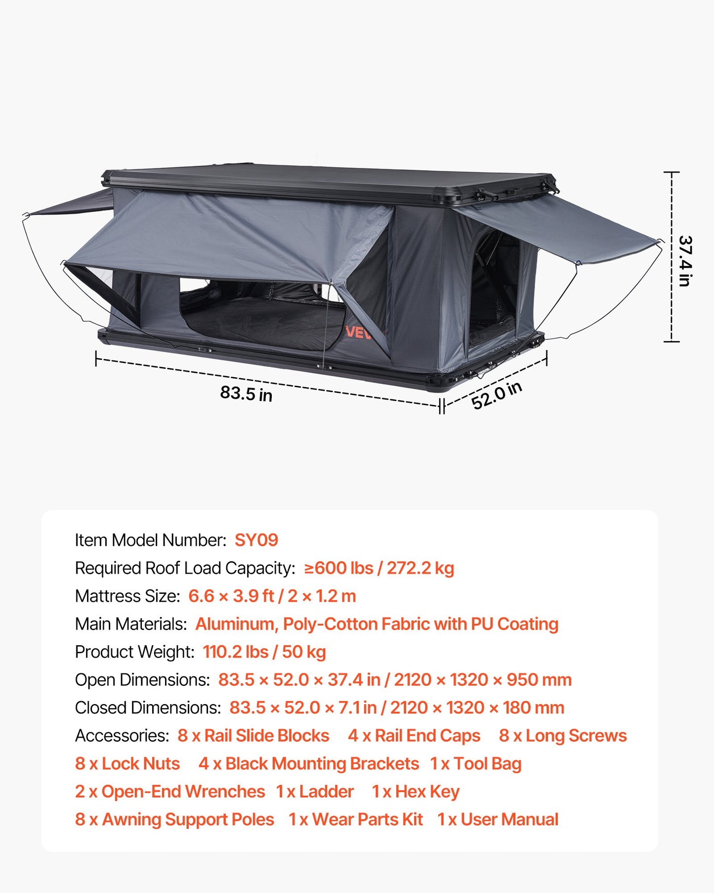 Rooftop Tent Hard Shell, 2-3 Person Aluminum Roof Top Tent Hardshell with Tri-Color LED Light, Thick Mattress & 2 Windows, Waterproof Windproof Overland Camping Car Roof Rack for Jeep SUV Pickup