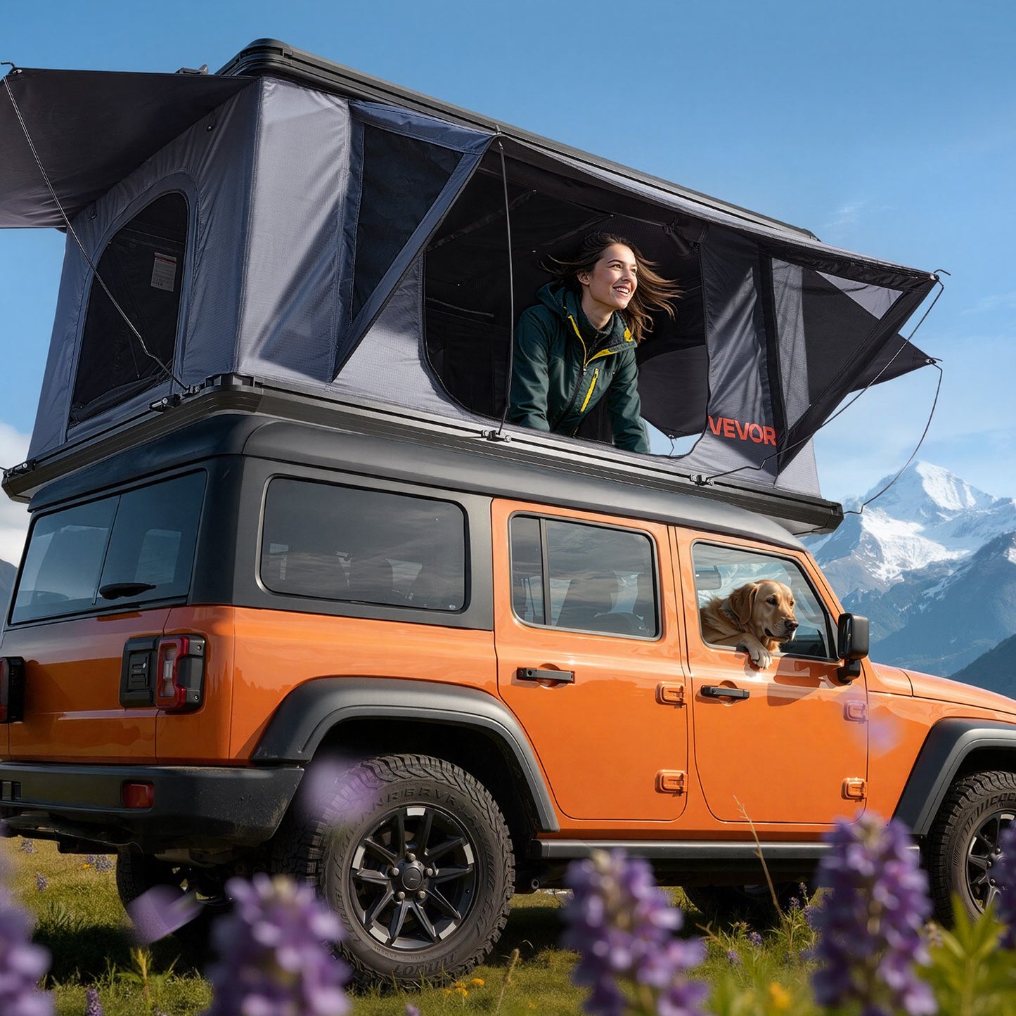 Rooftop Tent Hard Shell, 2-3 Person Aluminum Roof Top Tent Hardshell with Tri-Color LED Light, Thick Mattress & 2 Windows, Waterproof Windproof Overland Camping Car Roof Rack for Jeep SUV Pickup