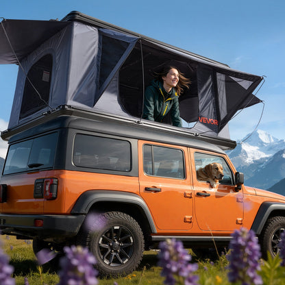 Rooftop Tent Hard Shell, 2-3 Person Aluminum Roof Top Tent Hardshell with Tri-Color LED Light, Thick Mattress & 2 Windows, Waterproof Windproof Overland Camping Car Roof Rack for Jeep SUV Pickup