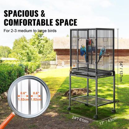 Large Bird Cage with Rolling Stand, Carbon Steel, 1.37m Tall for Parrots