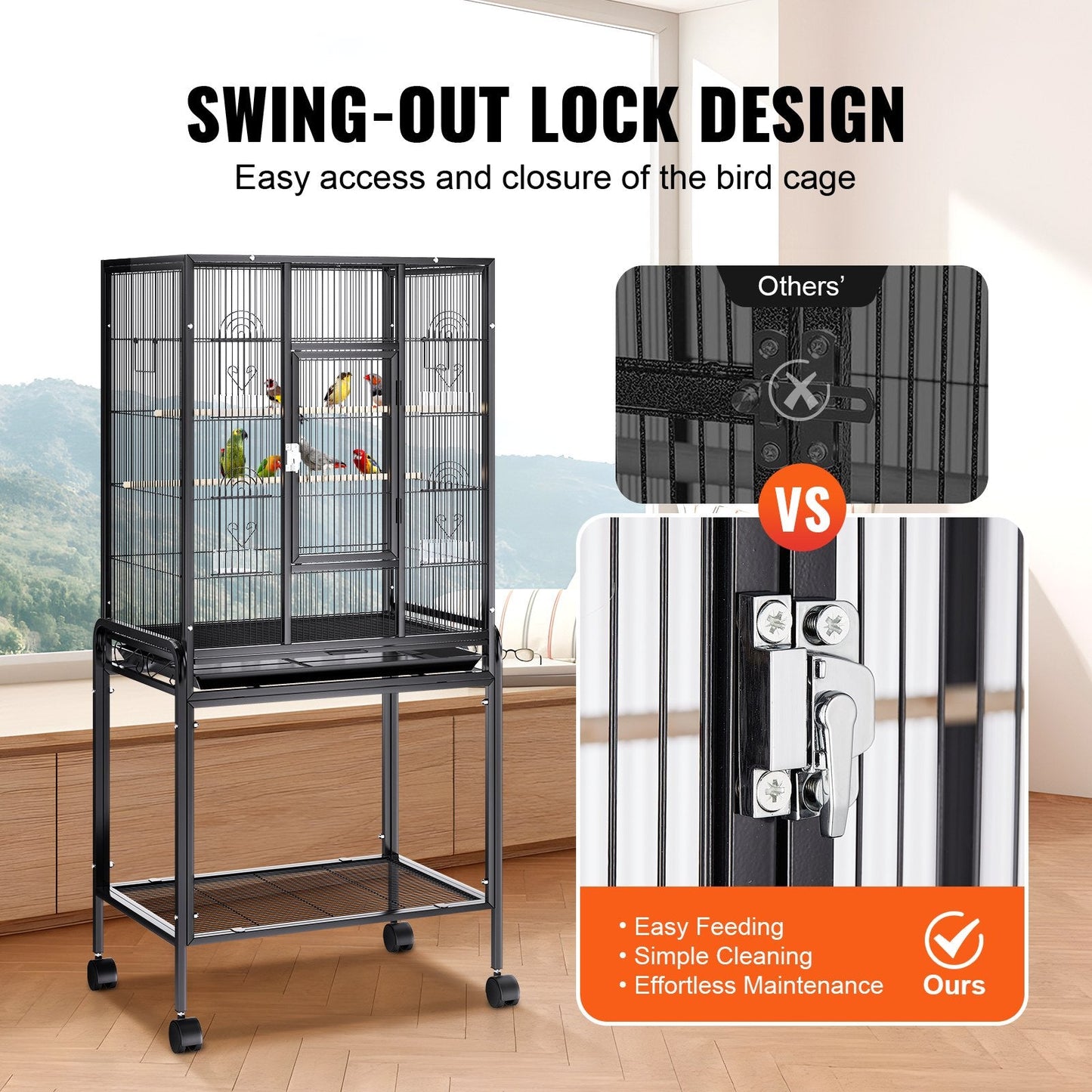 Large Bird Cage with Rolling Stand, Carbon Steel, 1.37m Tall for Parrots