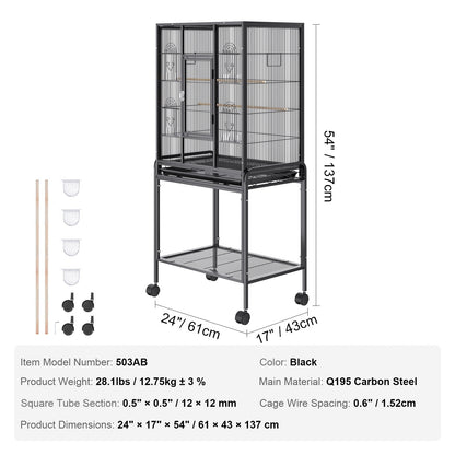 Large Bird Cage with Rolling Stand, Carbon Steel, 1.37m Tall for Parrots