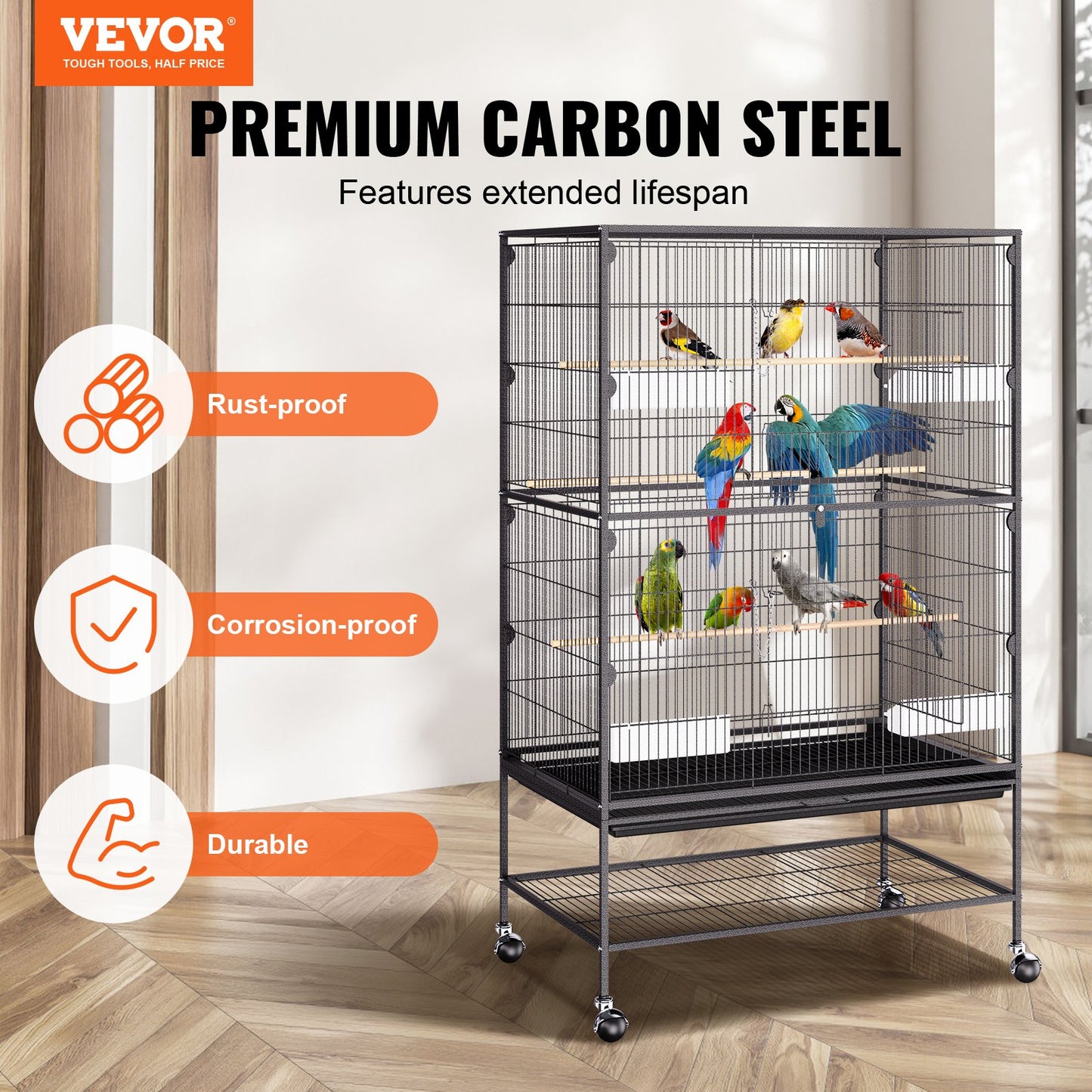 VEVOR 52 inch Standing Large Bird Cage, Carbon Steel Flight Bird Cage for Parakeets,