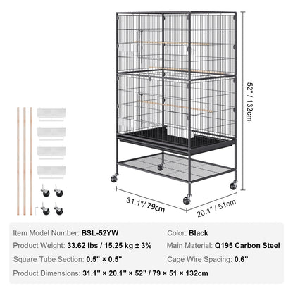 Large Carbon Steel Bird Cage with Stand for Parakeets and Parrots, 1.32m High