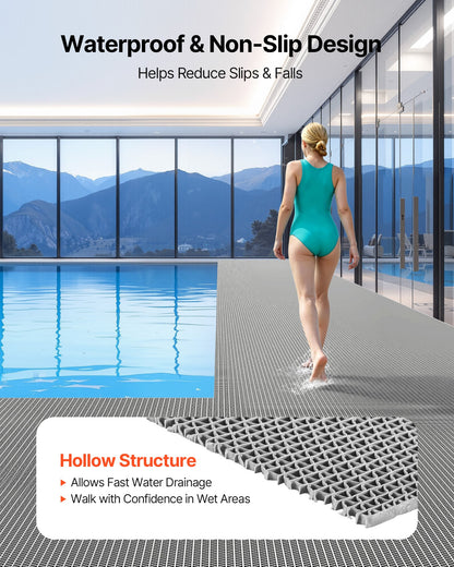Drainage Mat, 90 x 300 cm, PVC Non Slip Commercial Floor Mat, Wet Area Water Drain Splash Matting Hollow Doormat Roll, for Outdoor Indoor Restaurant Swimming Pool Patio Bathroom Washroom, Gray