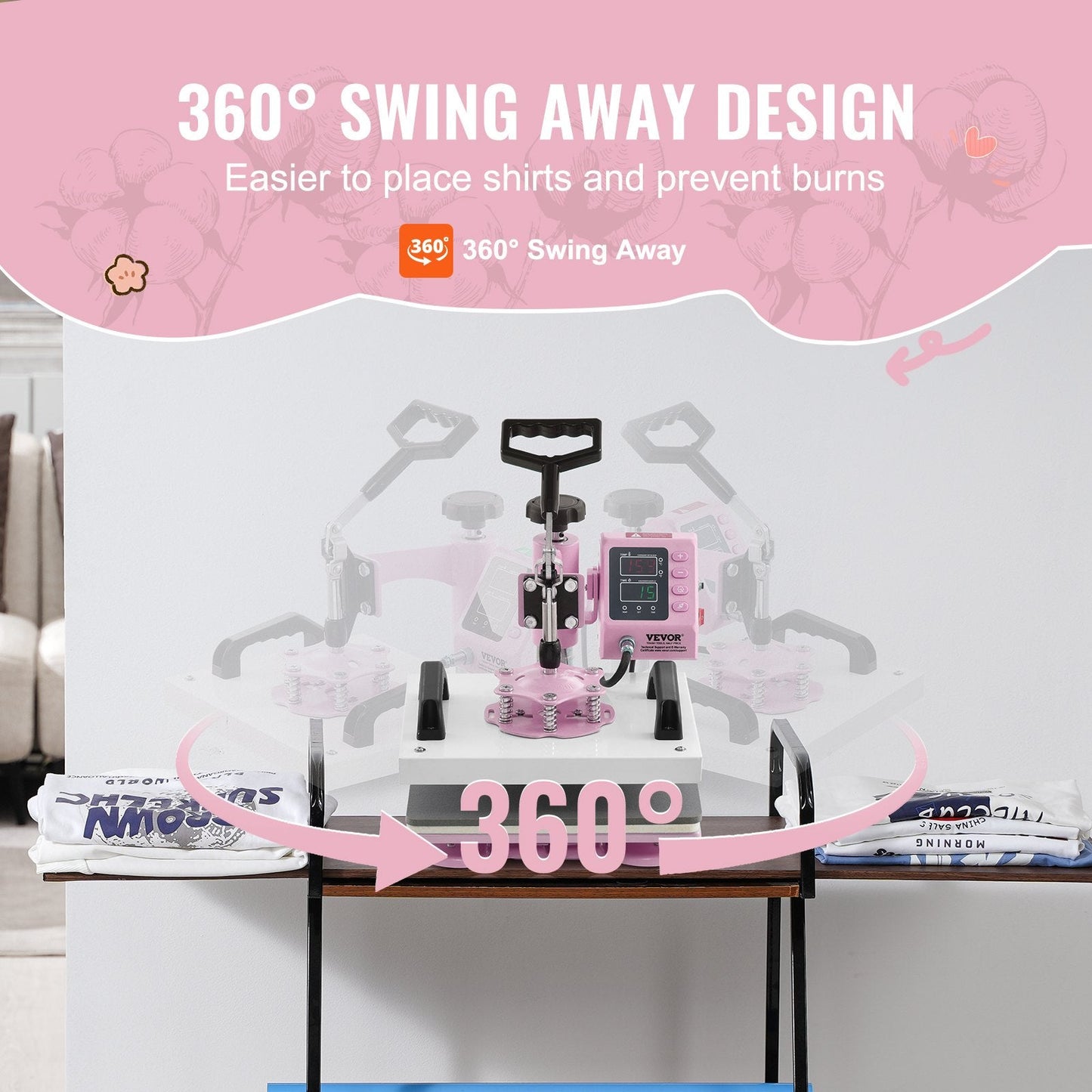 Pink 300 x 250 mm Heat Press Machine for T-Shirts with 360° Swing Arm