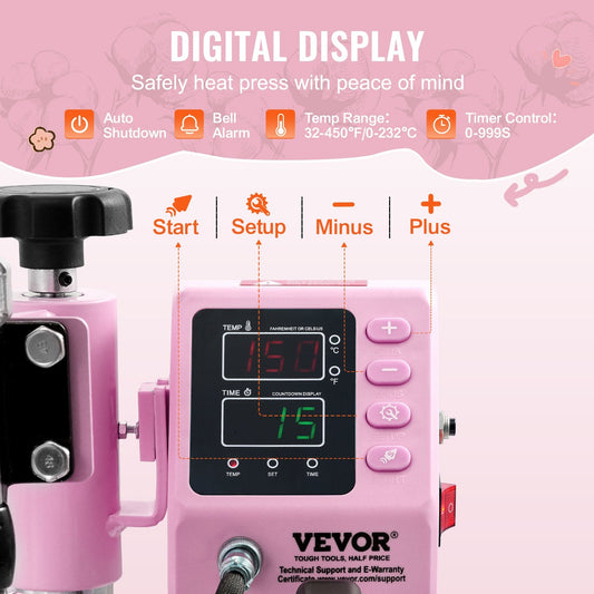 Pink 300 x 250 mm Heat Press Machine for T-Shirts with 360° Swing Arm