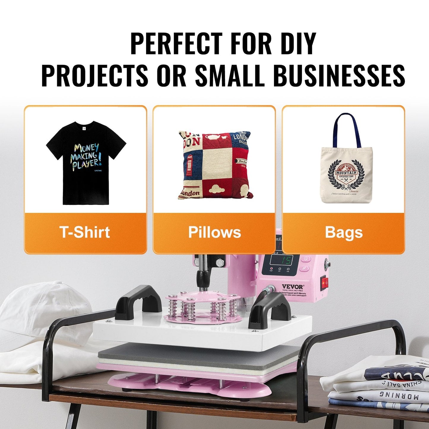 Pink 300 x 250 mm Heat Press Machine for T-Shirts with 360° Swing Arm
