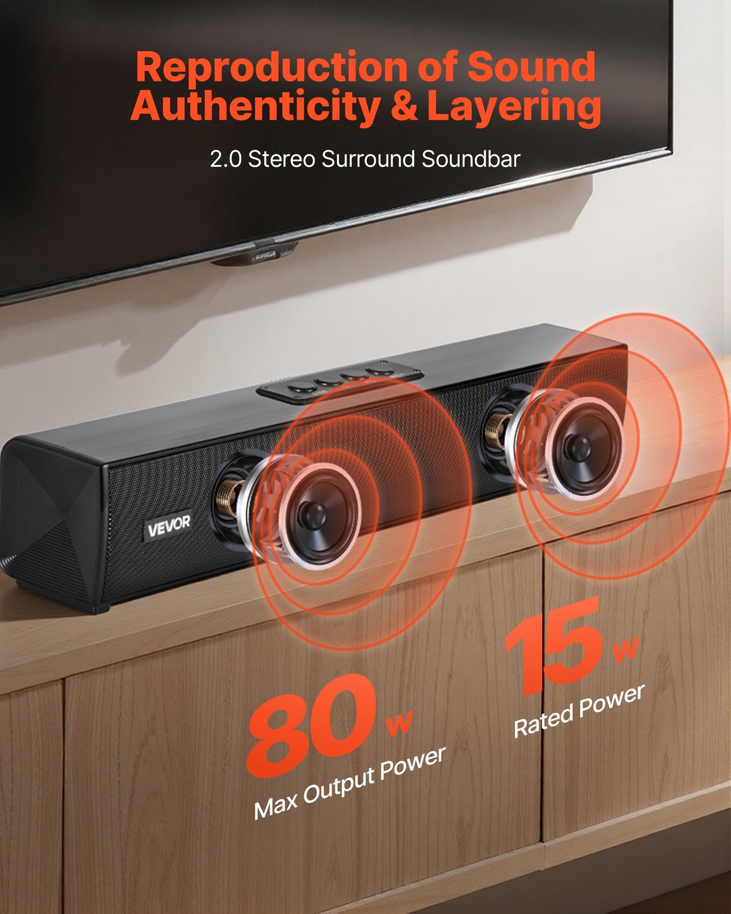 Sound Bar for Smart TV, 2.0 Channel, 450 mm Compact Soundbar TV Speakers for Projector, Bluetooth AUX Connection, Remote Control, Easy Setup, 80W Surround Sound System for PC Home Theater Audio