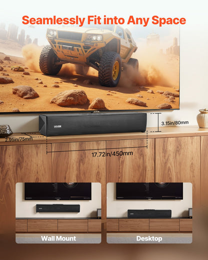 Sound Bar for Smart TV, 2.0 Channel, 450 mm Compact Soundbar TV Speakers for Projector, Bluetooth AUX Connection, Remote Control, Easy Setup, 80W Surround Sound System for PC Home Theater Audio