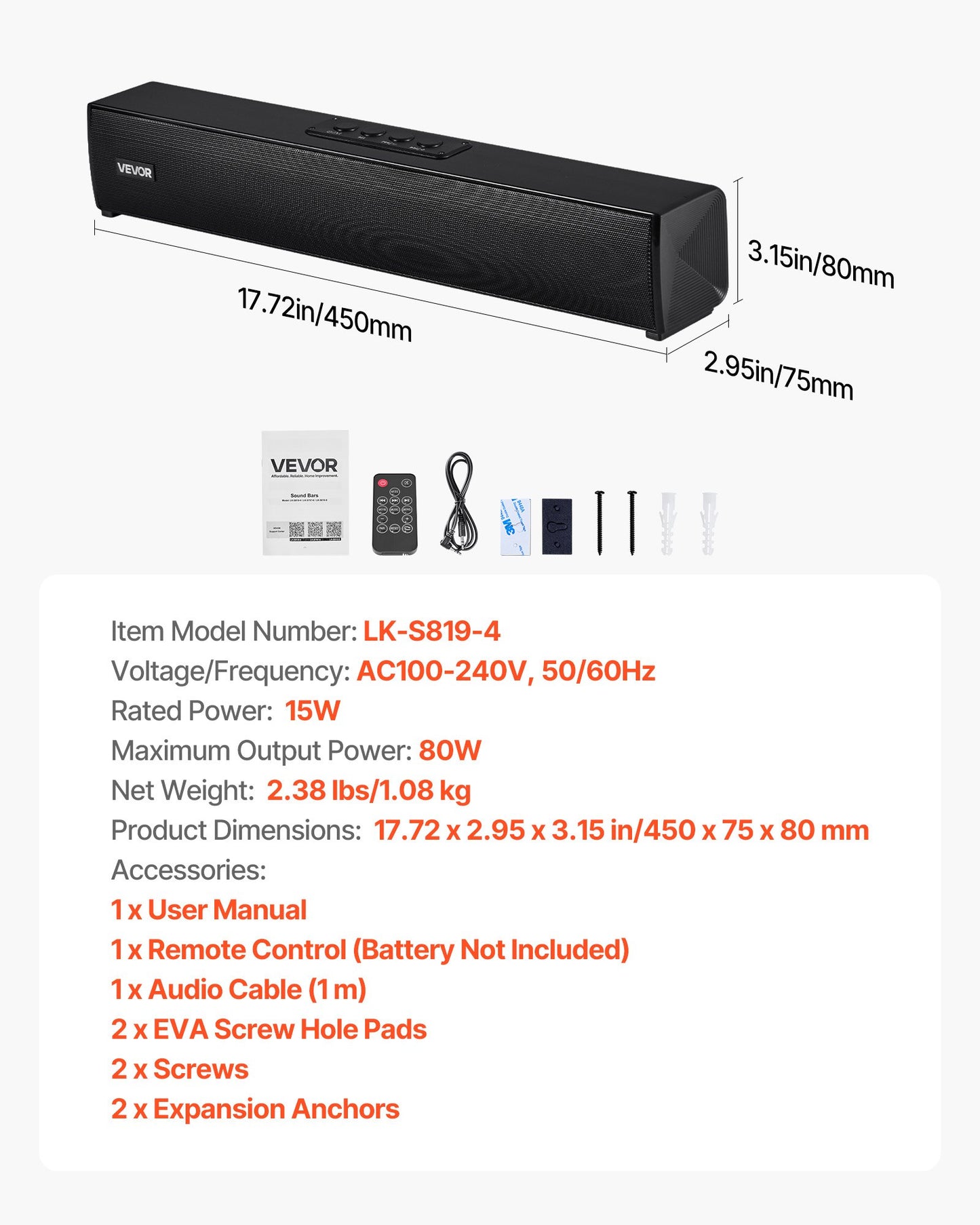 Sound Bar for Smart TV, 2.0 Channel, 450 mm Compact Soundbar TV Speakers for Projector, Bluetooth AUX Connection, Remote Control, Easy Setup, 80W Surround Sound System for PC Home Theater Audio