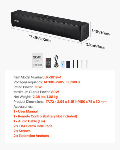 Sound Bar for Smart TV, 2.0 Channel, 450 mm Compact Soundbar TV Speakers for Projector, Bluetooth AUX Connection, Remote Control, Easy Setup, 80W Surround Sound System for PC Home Theater Audio