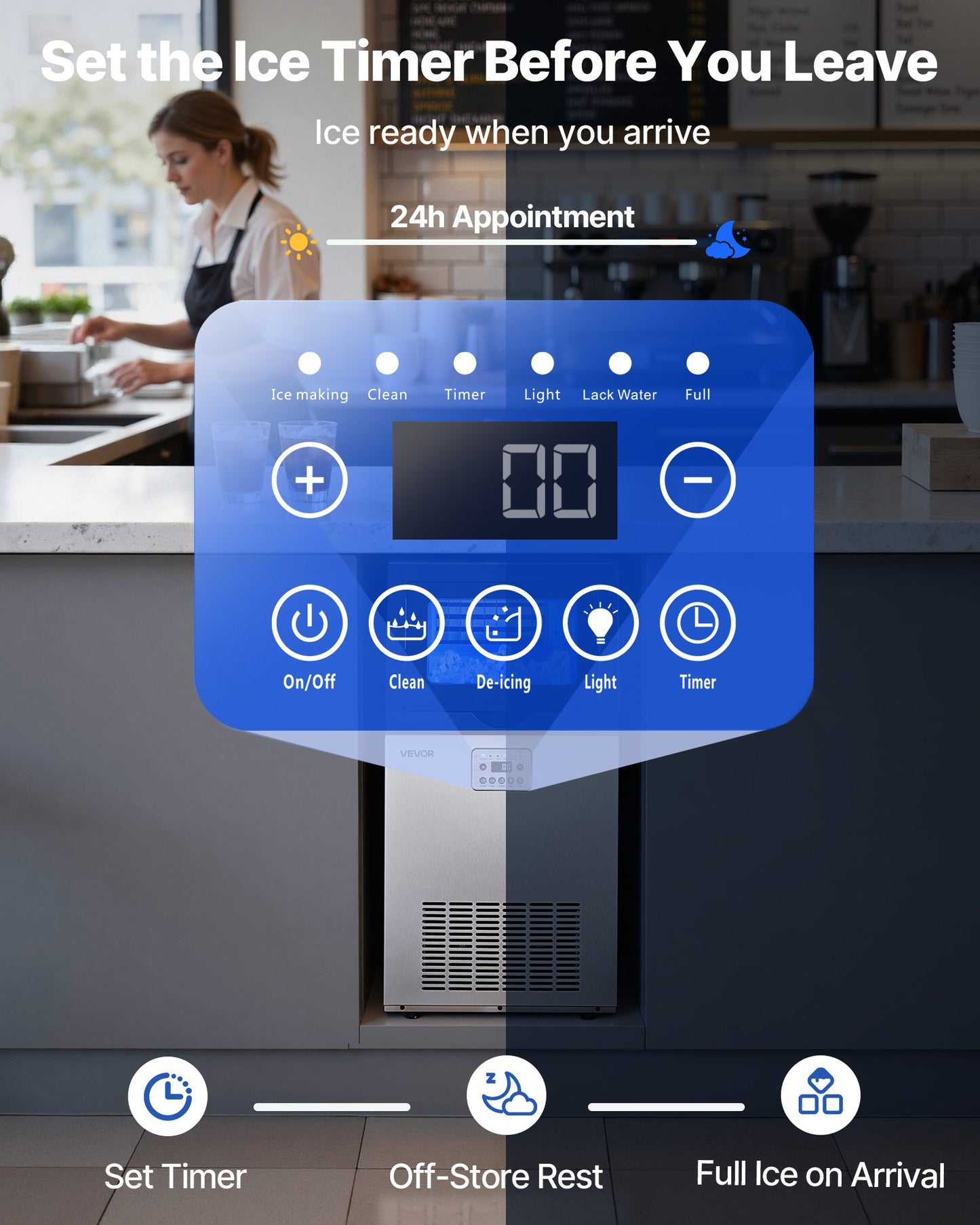 Commercial Ice Maker Machine, 45 kg/24h with 14 kg Storage Capacity, Built-in/Freestanding/Under Counter, Stainless Steel Ice Maker with LED Display & Self-Cleaning, for Home Bar Restaurant