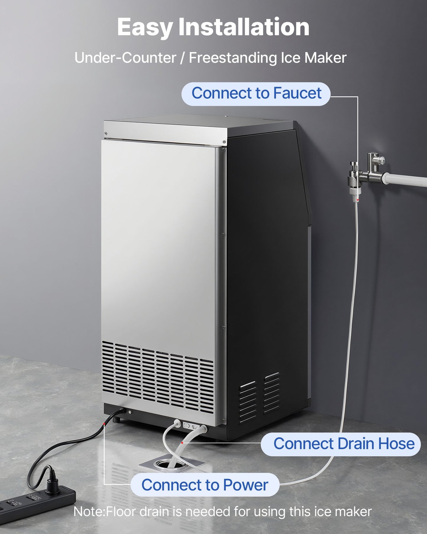 Commercial Ice Maker Machine, 45 kg/24h with 14 kg Storage Capacity, Built-in/Freestanding/Under Counter, Stainless Steel Ice Maker with LED Display & Self-Cleaning, for Home Bar Restaurant