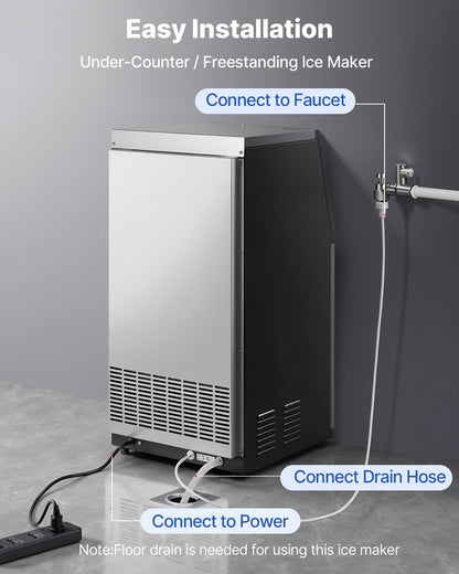 Commercial Ice Maker Machine, 45 kg/24h with 14 kg Storage Capacity, Built-in/Freestanding/Under Counter, Stainless Steel Ice Maker with LED Display & Self-Cleaning, for Home Bar Restaurant