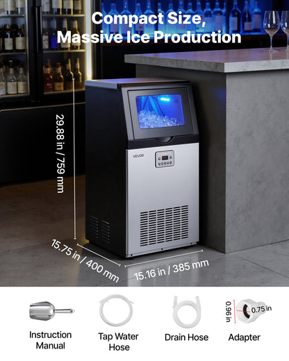 Commercial Ice Maker Machine, 45 kg/24h with 14 kg Storage Capacity, Built-in/Freestanding/Under Counter, Stainless Steel Ice Maker with LED Display & Self-Cleaning, for Home Bar Restaurant