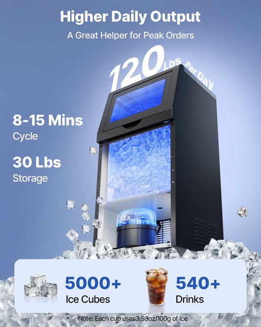 Commercial Ice Maker Machine, 54 kg/24h with 14 kg Storage Capacity, Built-in/Freestanding/Under Counter, Stainless Steel Ice Maker with LED Display & Self-Cleaning, for Home Bar Restaurant