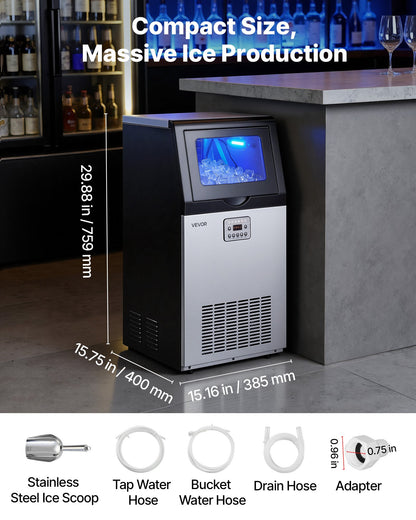Commercial Ice Maker Machine, 54 kg/24h with 14 kg Storage Capacity, Built-in/Freestanding/Under Counter, Stainless Steel Ice Maker with LED Display & Self-Cleaning, for Home Bar Restaurant