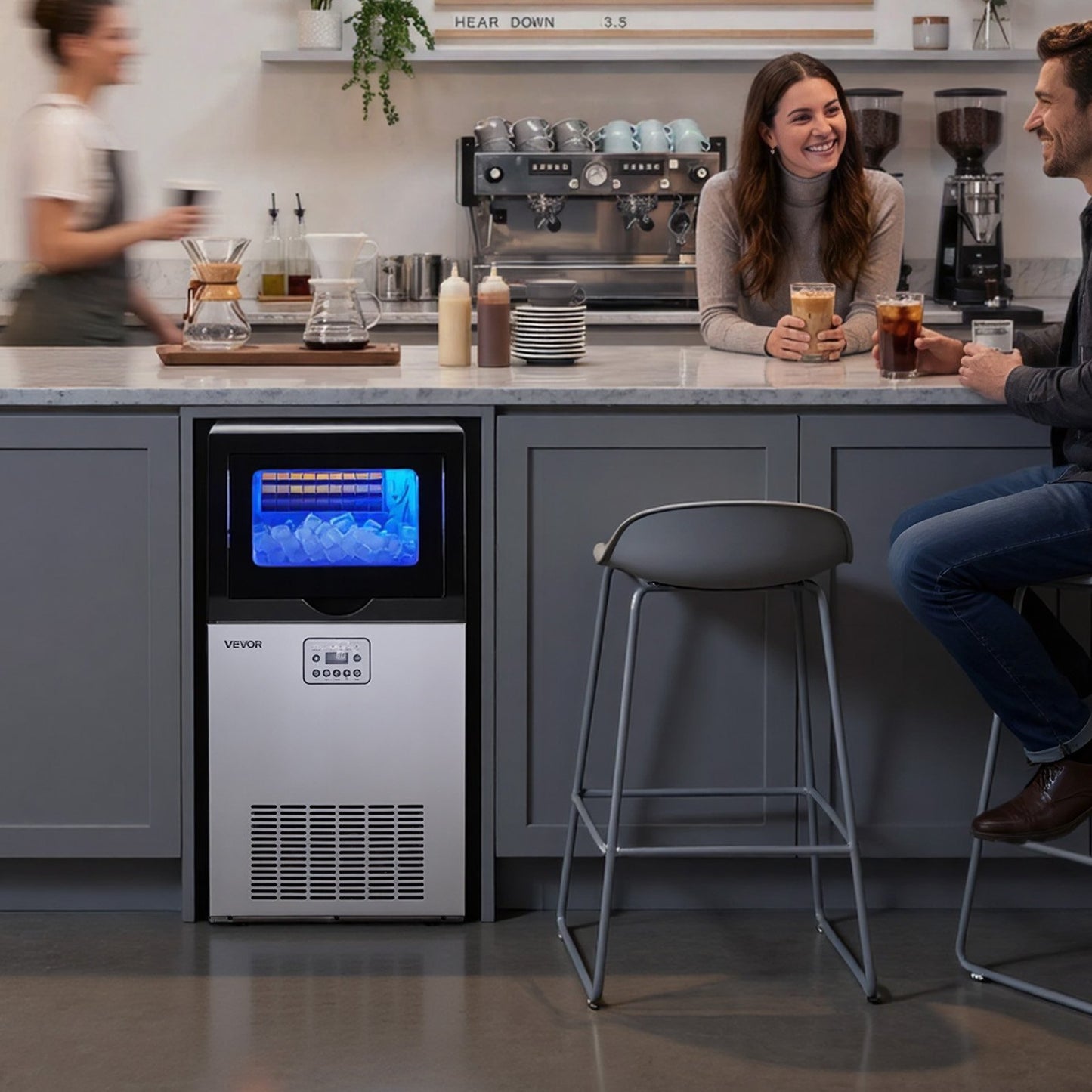 Commercial Ice Maker Machine, 54 kg/24h with 14 kg Storage Capacity, Built-in/Freestanding/Under Counter, Stainless Steel Ice Maker with LED Display & Self-Cleaning, for Home Bar Restaurant