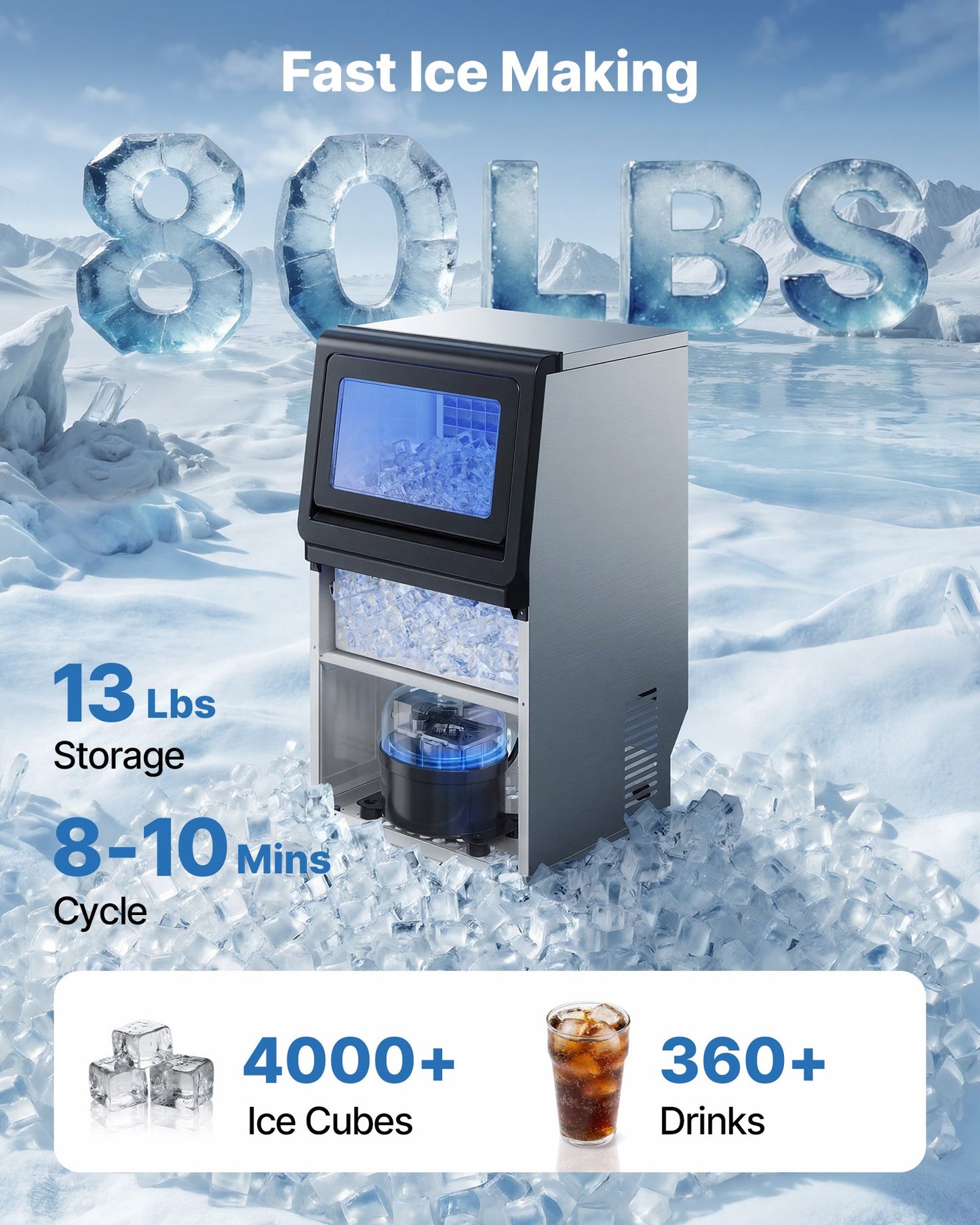 Commercial Ice Maker Machine, 36 kg/24h with 6 kg Storage Capacity, Countertop/Freestanding/Under Counter, Stainless Steel Ice Maker with LED Display & Self-Cleaning, for Home Bar Restaurant