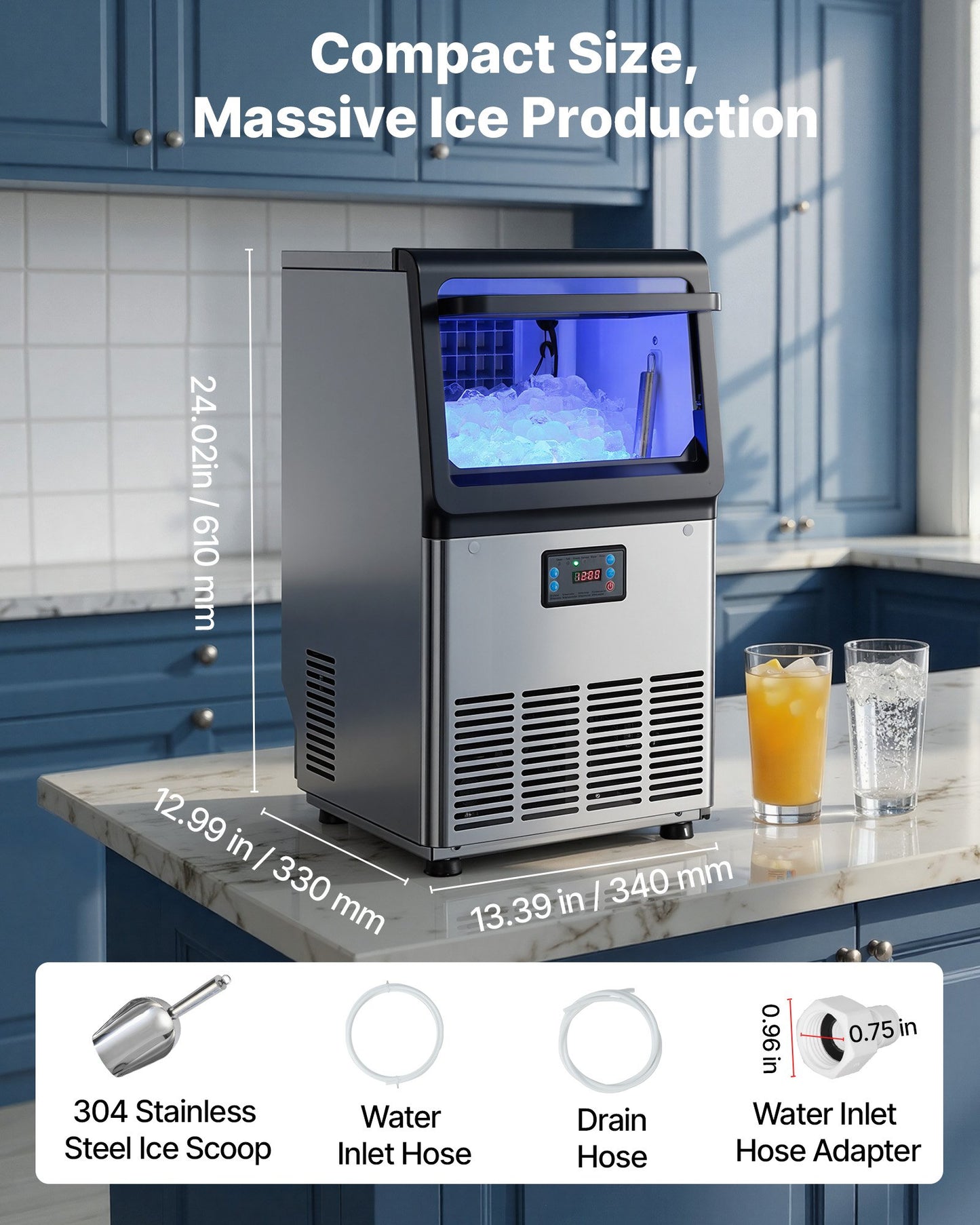 Commercial Ice Maker Machine, 36 kg/24h with 6 kg Storage Capacity, Countertop/Freestanding/Under Counter, Stainless Steel Ice Maker with LED Display & Self-Cleaning, for Home Bar Restaurant