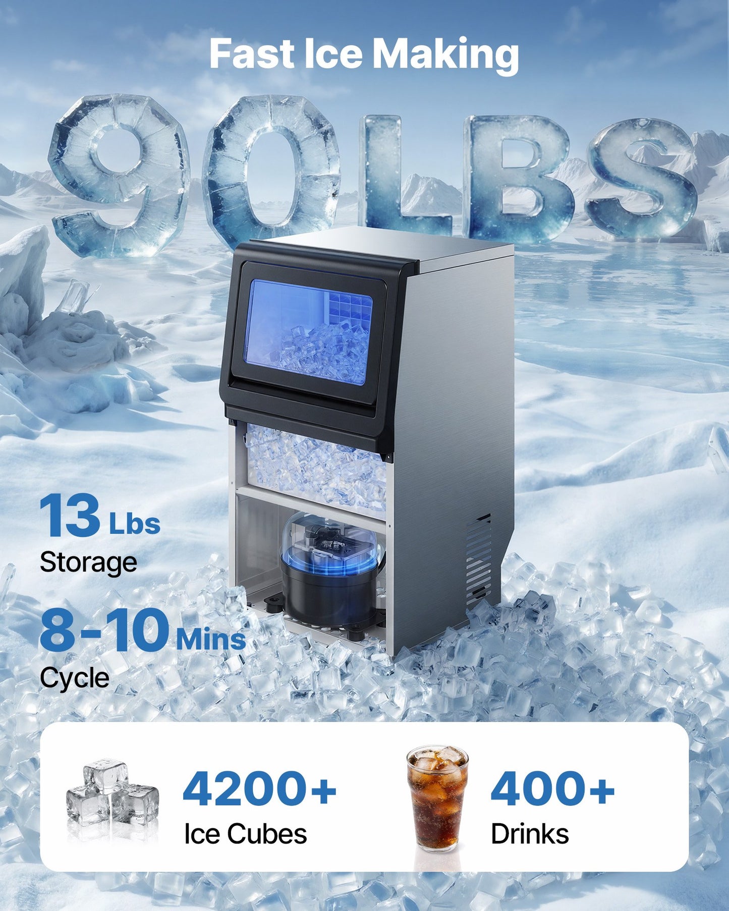 Commercial Ice Maker Machine, 41 kg/24h with 6 kg Storage Capacity, Countertop/Freestanding/Under Counter, Stainless Steel Ice Maker with LED Display & Self-Cleaning, for Home Bar Restaurant