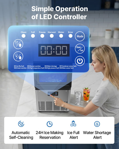 Commercial Ice Maker Machine, 41 kg/24h with 6 kg Storage Capacity, Countertop/Freestanding/Under Counter, Stainless Steel Ice Maker with LED Display & Self-Cleaning, for Home Bar Restaurant