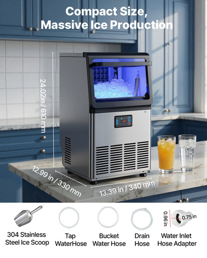 Commercial Ice Maker Machine, 41 kg/24h with 6 kg Storage Capacity, Countertop/Freestanding/Under Counter, Stainless Steel Ice Maker with LED Display & Self-Cleaning, for Home Bar Restaurant