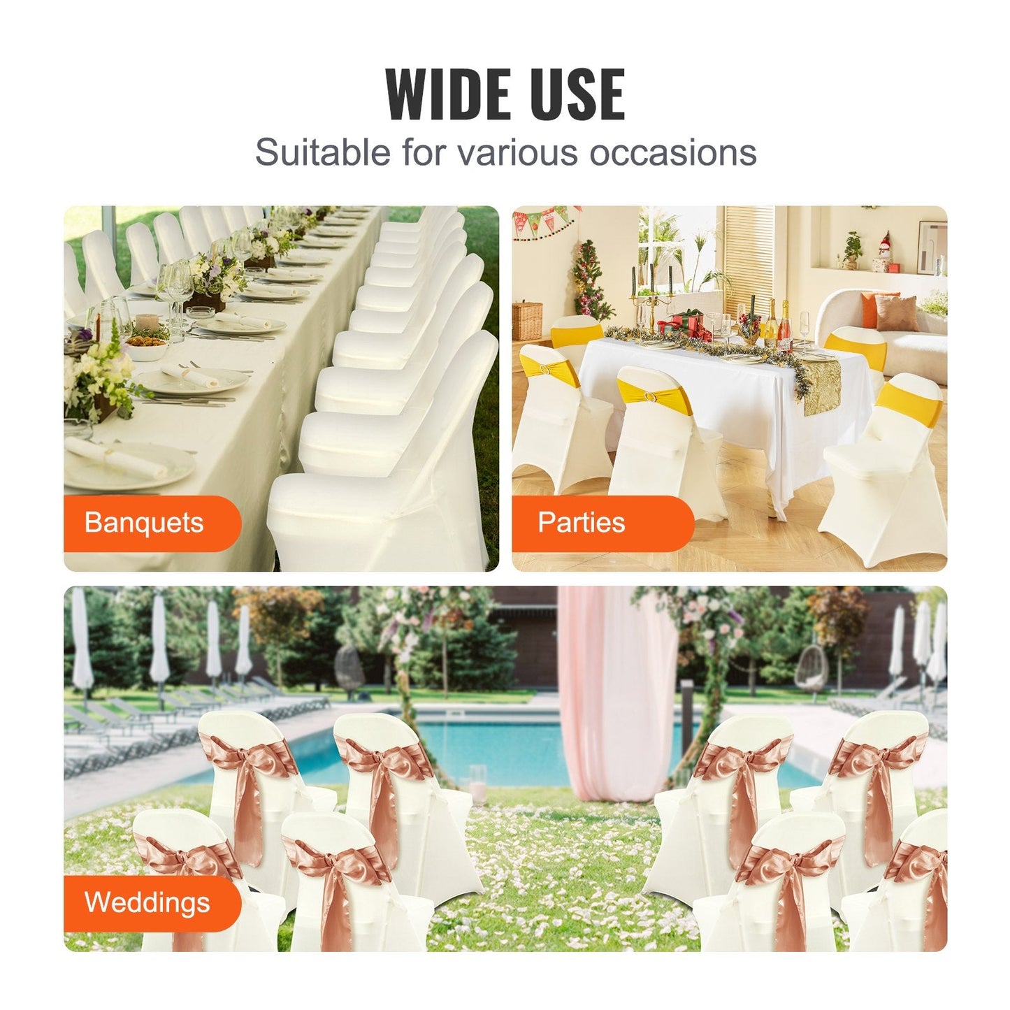 Ivory White Stretch Spandex Chair Covers, Universal Fit for Events, 50PCS