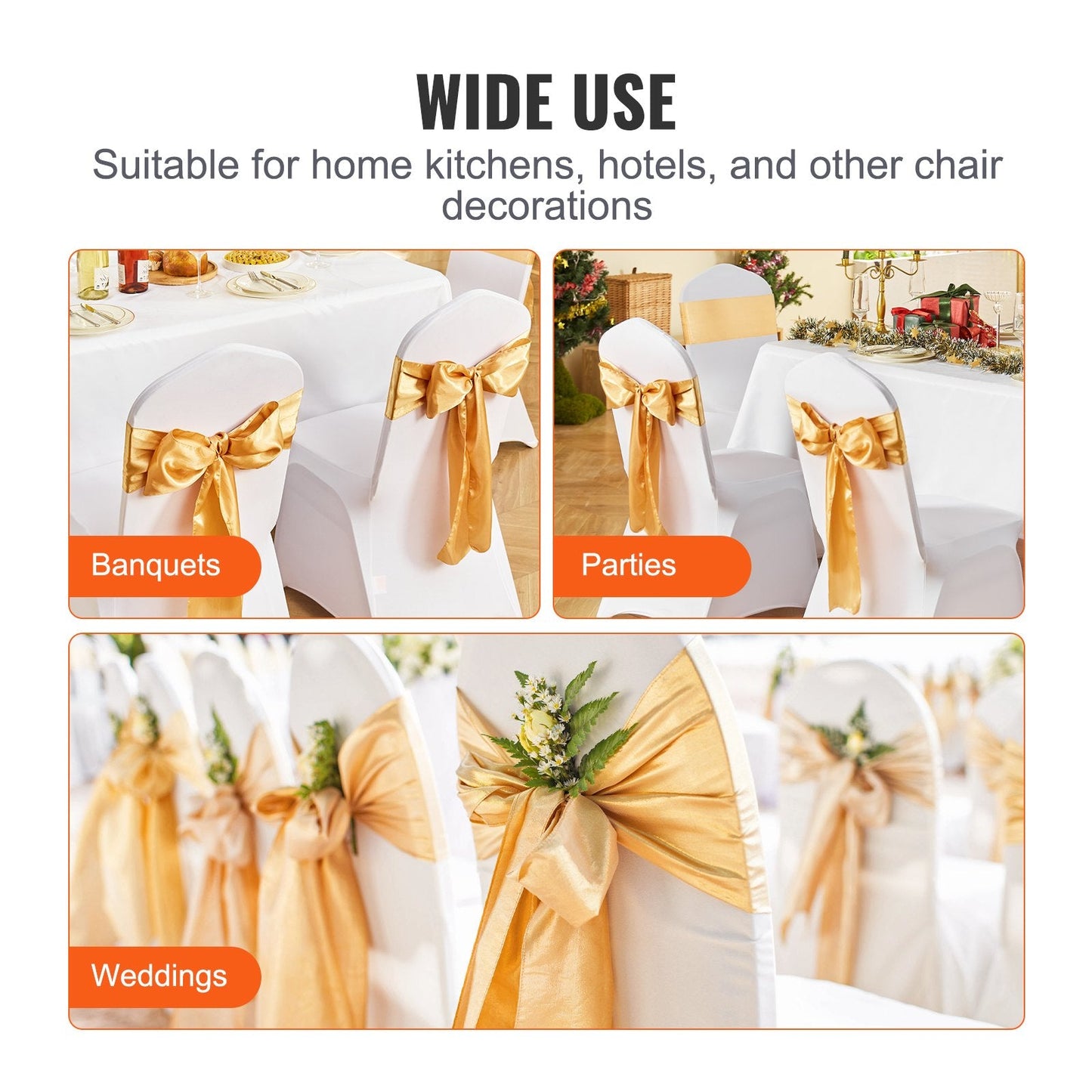Gold Elastic Spandex Chair Bands for Weddings & Parties, 50 Pack, 2750x170 mm