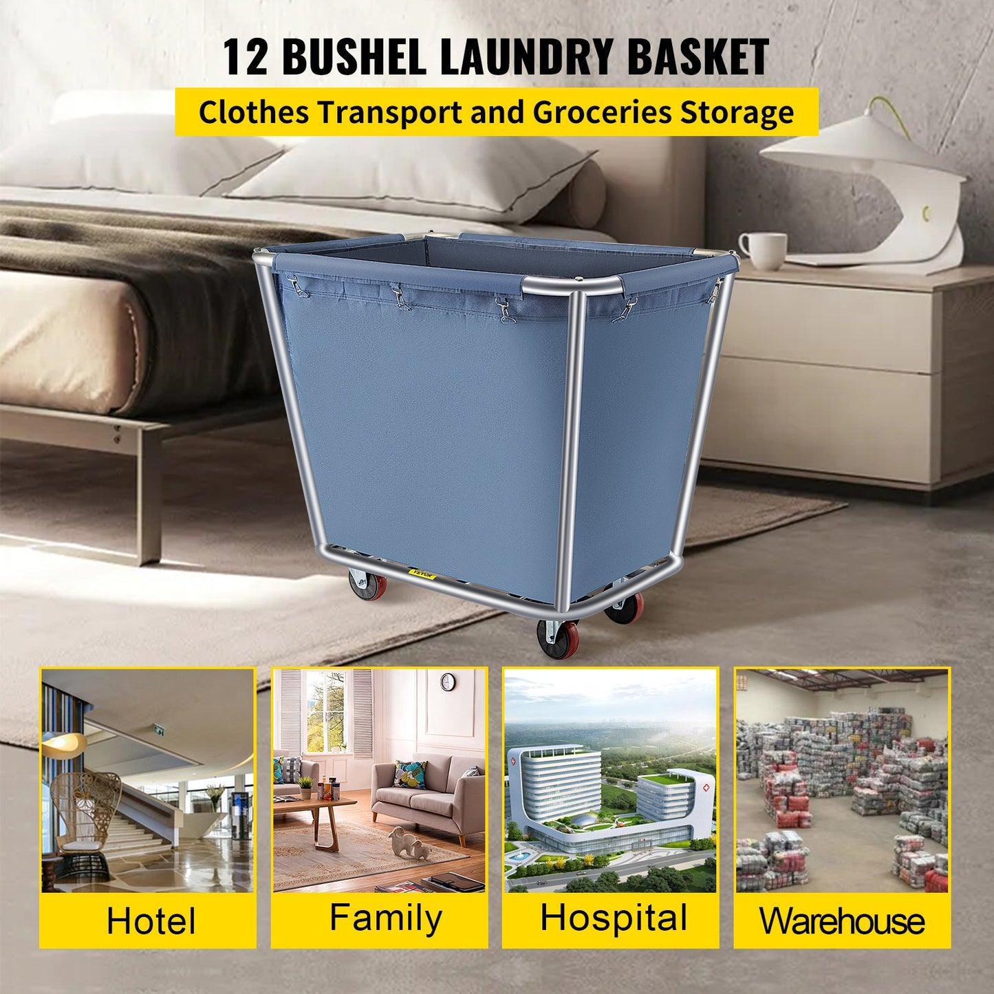 VEVOR Basket Truck, 12 Bushel Steel Canvas Laundry Basket, 3\" Diameter Wheels Truck