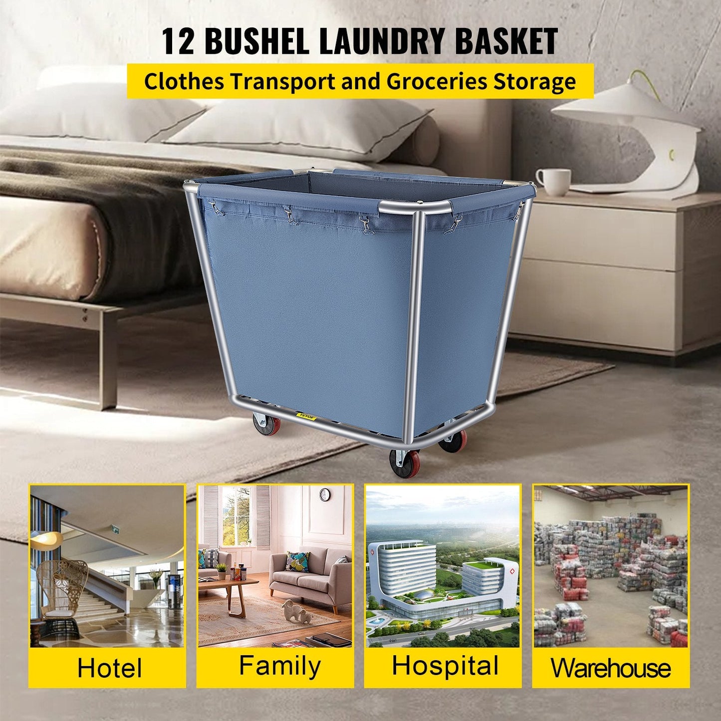Steel Canvas Laundry Cart with Wheels, 12 Bushel, 110kg Capacity, 0.91 x 0.66 x 0.86m