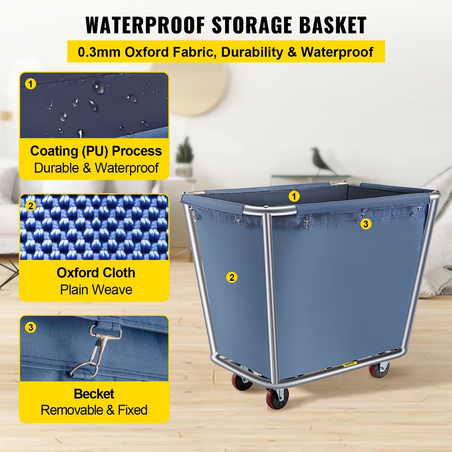 VEVOR Basket Truck, 8 Bushel Steel Canvas Laundry Basket, 3\" Diameter Wheels Truck