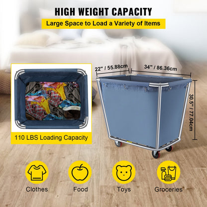 Heavy-Duty 8 Bushel Laundry Cart with Steel Frame and 3m Wheels, Blue