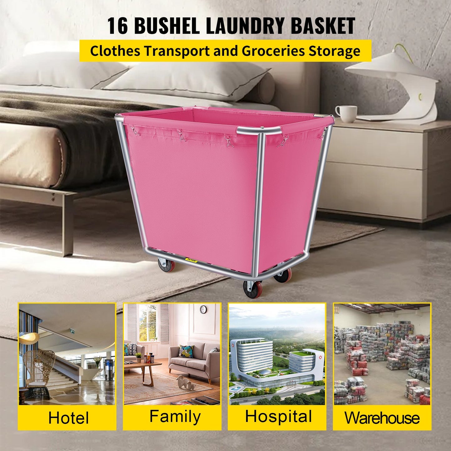 VEVOR Basket Truck, 16 Bushel Steel Canvas Laundry Basket, 3" Diameter Wheels Truck