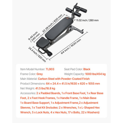 Sit Up Bench, Decline Ab Bench with Reverse Crunch Handle, with 4 Adjustable Height Settings, Heavy Duty Steel, 454 kg C