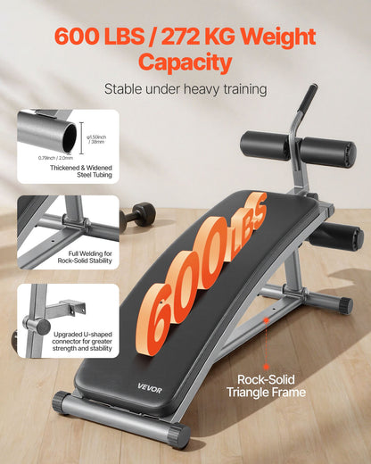 Sit Up Bench, Curved Decline Ab Bench with Reverse Crunch Handle, with 6 Adjustable Height Setting, Heavy Duty Steel, 272 Kg Capacity for Home Gym Workouts, Strength Training, Full Body Muscles