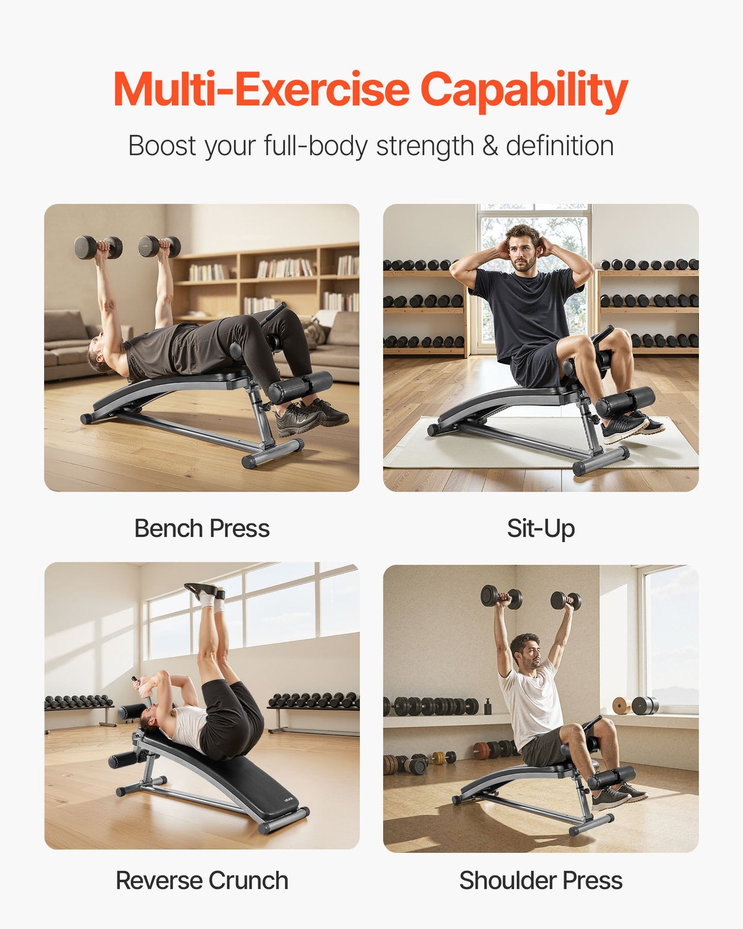 Sit Up Bench, Curved Decline Ab Bench with Reverse Crunch Handle, with 6 Adjustable Height Setting, Heavy Duty Steel, 272 Kg Capacity for Home Gym Workouts, Strength Training, Full Body Muscles
