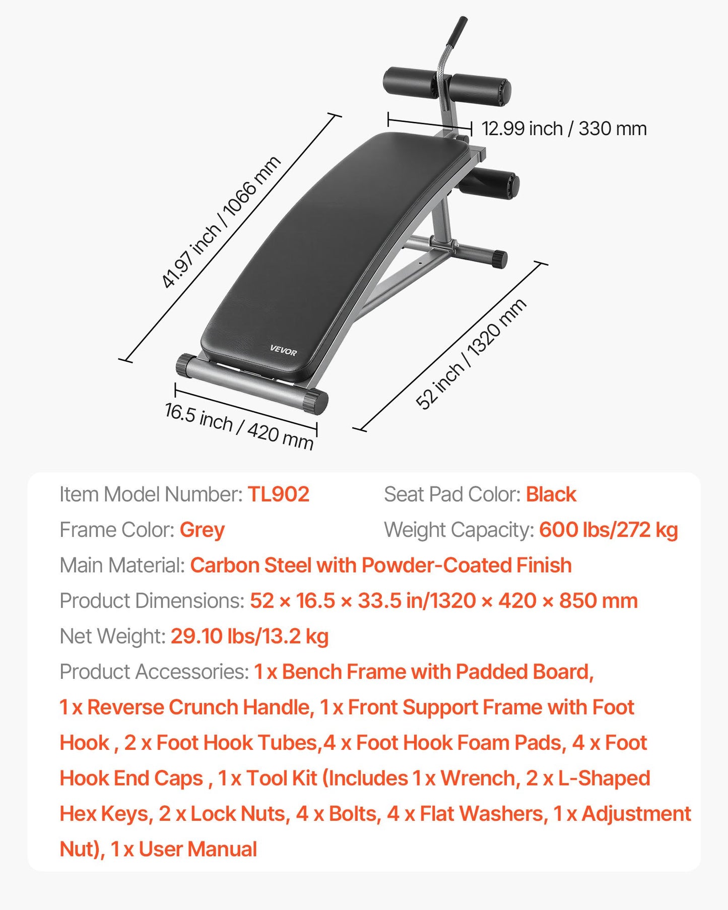 Sit Up Bench, Curved Decline Ab Bench with Reverse Crunch Handle, with 6 Adjustable Height Setting, Heavy Duty Steel, 272 Kg Capacity for Home Gym Workouts, Strength Training, Full Body Muscles