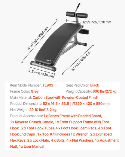 Sit Up Bench, Curved Decline Ab Bench with Reverse Crunch Handle, with 6 Adjustable Height Setting, Heavy Duty Steel, 272 Kg Capacity for Home Gym Workouts, Strength Training, Full Body Muscles