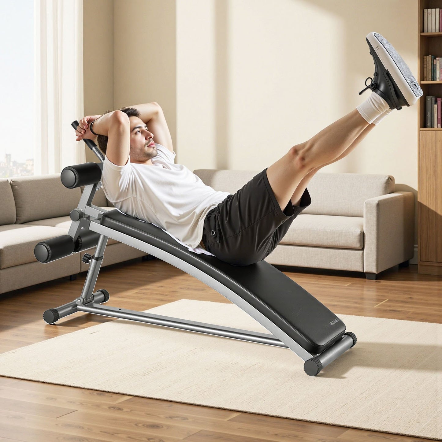 Sit Up Bench, Curved Decline Ab Bench with Reverse Crunch Handle, with 6 Adjustable Height Setting, Heavy Duty Steel, 272 Kg Capacity for Home Gym Workouts, Strength Training, Full Body Muscles