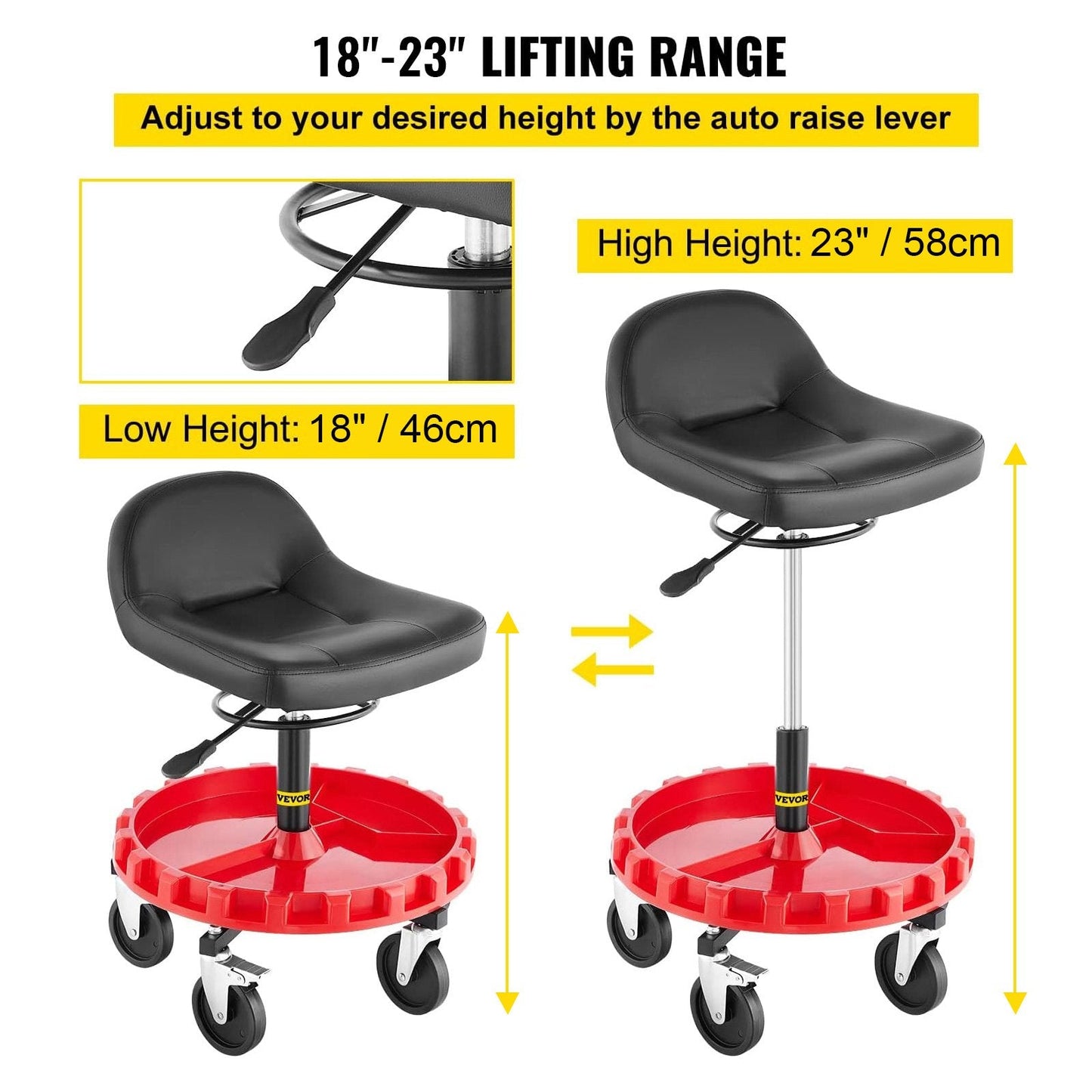 Mechanics Adjustable Swivel Stool with 135 KG Capacity and 360° Rotating Tray