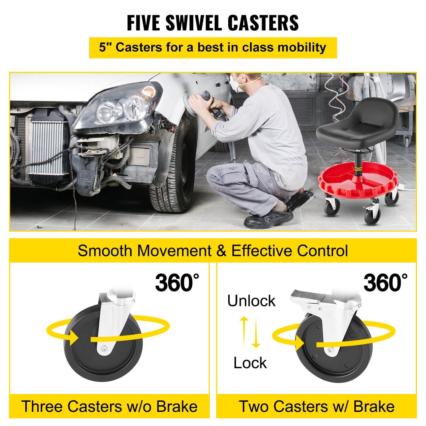 Mechanics Adjustable Swivel Stool with 135 KG Capacity and 360° Rotating Tray